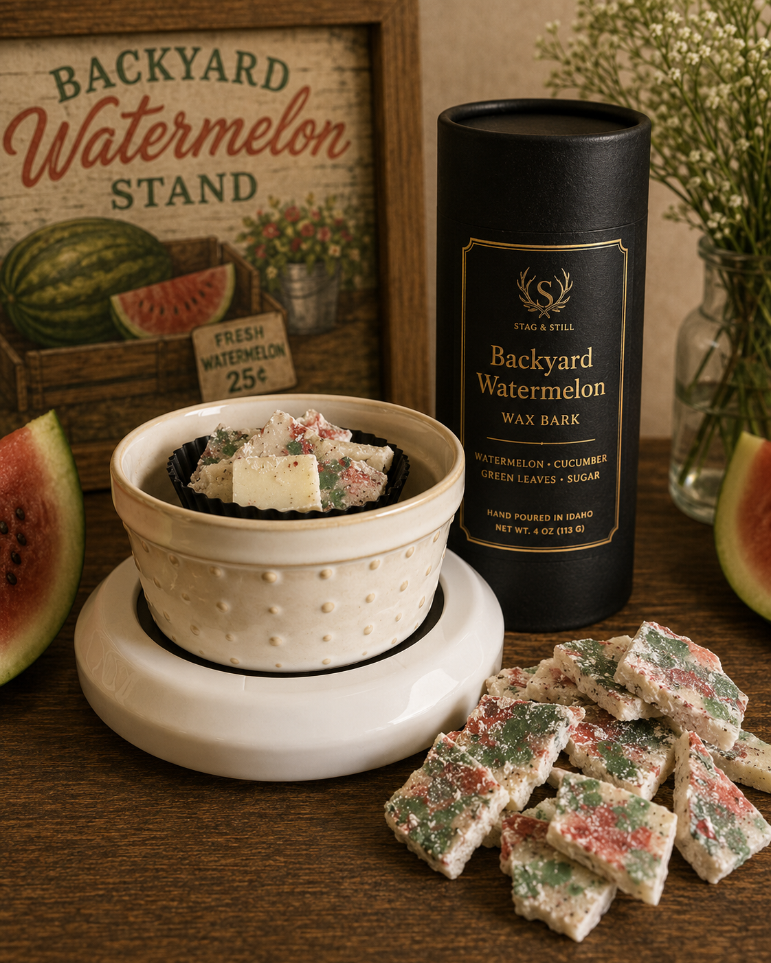 Backyard Watermelon Wax Bark | Watermelon Soy Wax Melts | Summer Home Fragrance | Wicks & Bricks by Stag & Stone