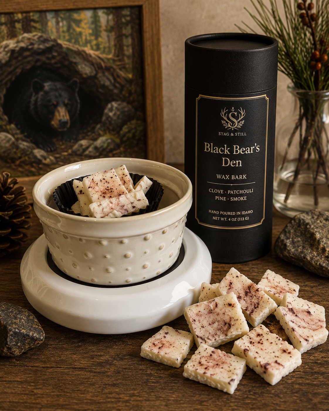 Black Bear’s Den Wax Bark | Woodsy Soy Wax Melts | Cedar, Amber & Smoke Home Fragrance | Wicks & Bricks by Stag & Stone
