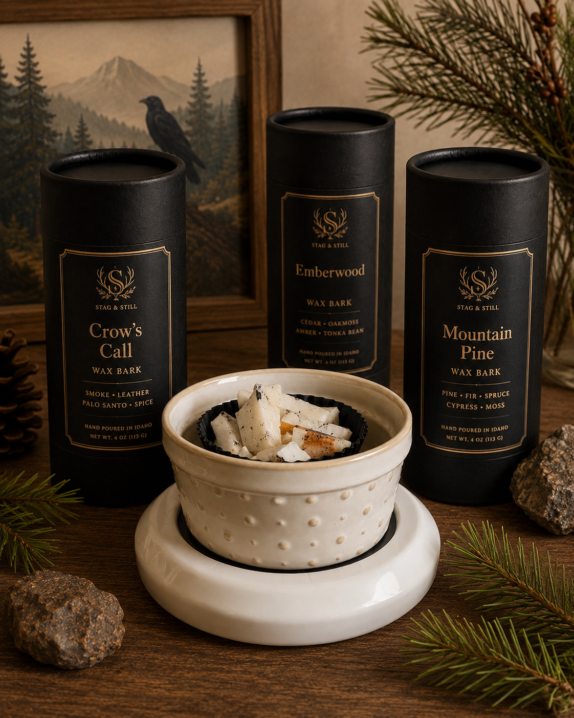Wax Bark Hearth Bundle | Wax Warmer with 3 Soy Wax Melt Tubes | Build Your Own Home Fragrance Gift Set | Wicks & Bricks by Stag & Stone