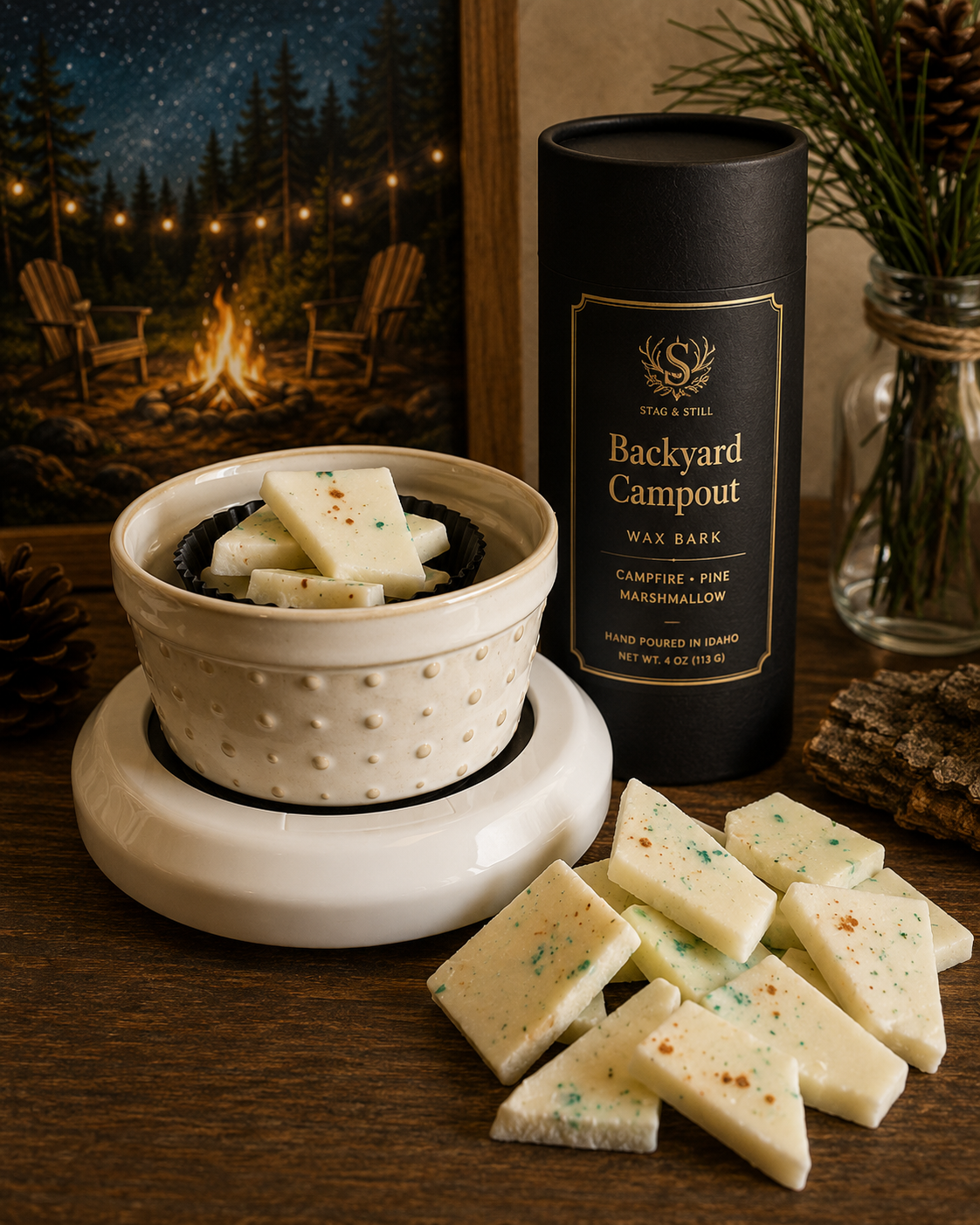 Backyard Campout Wax Bark | Campfire Soy Wax Melts | Toasted Marshmallow Home Fragrance | Wicks & Bricks by Stag & Stone