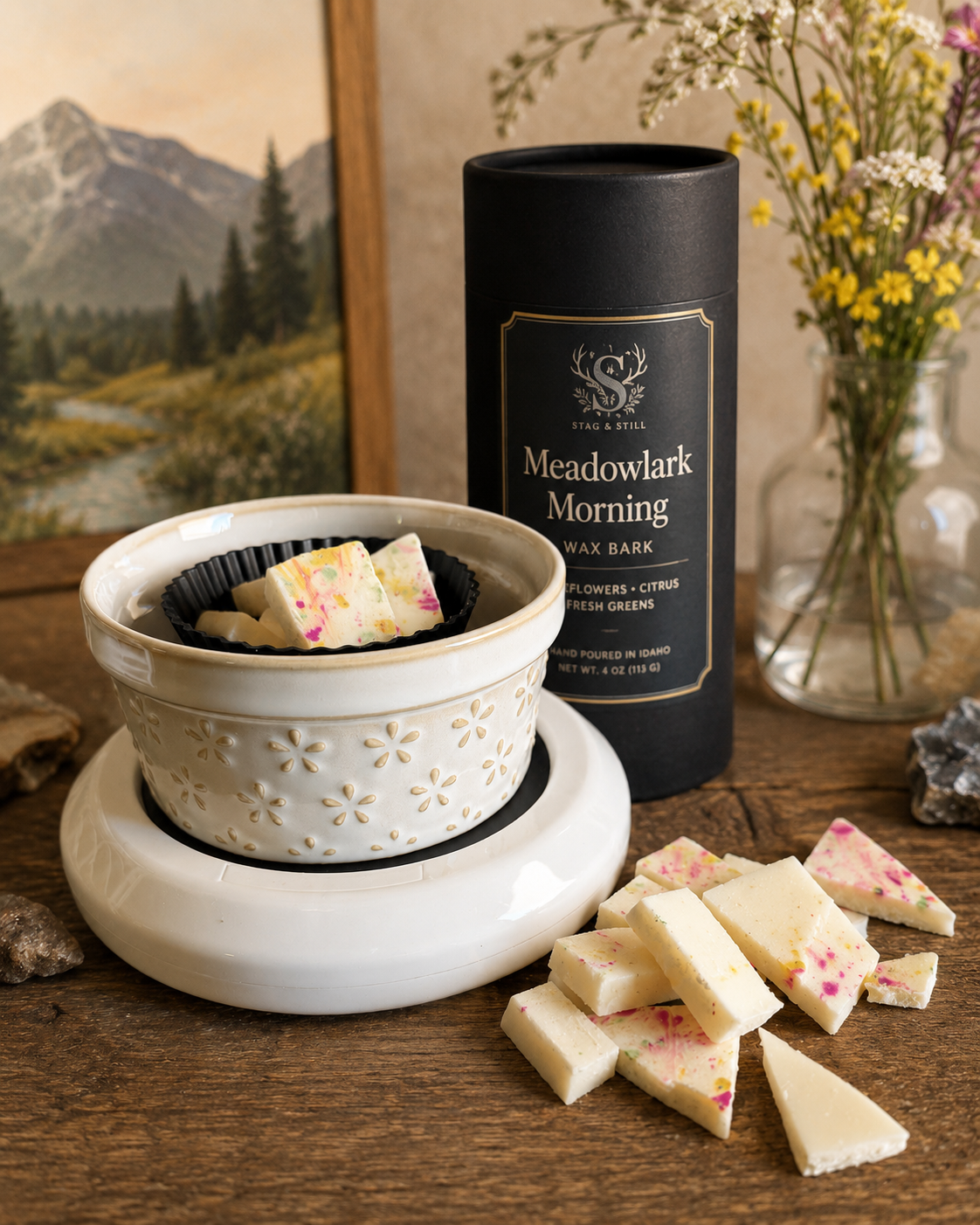 Meadowlark Morning Wax Bark | Floral Soy Wax Melts | Wildflower & Fresh Air Home Fragrance | Wicks & Bricks by Stag & Stone