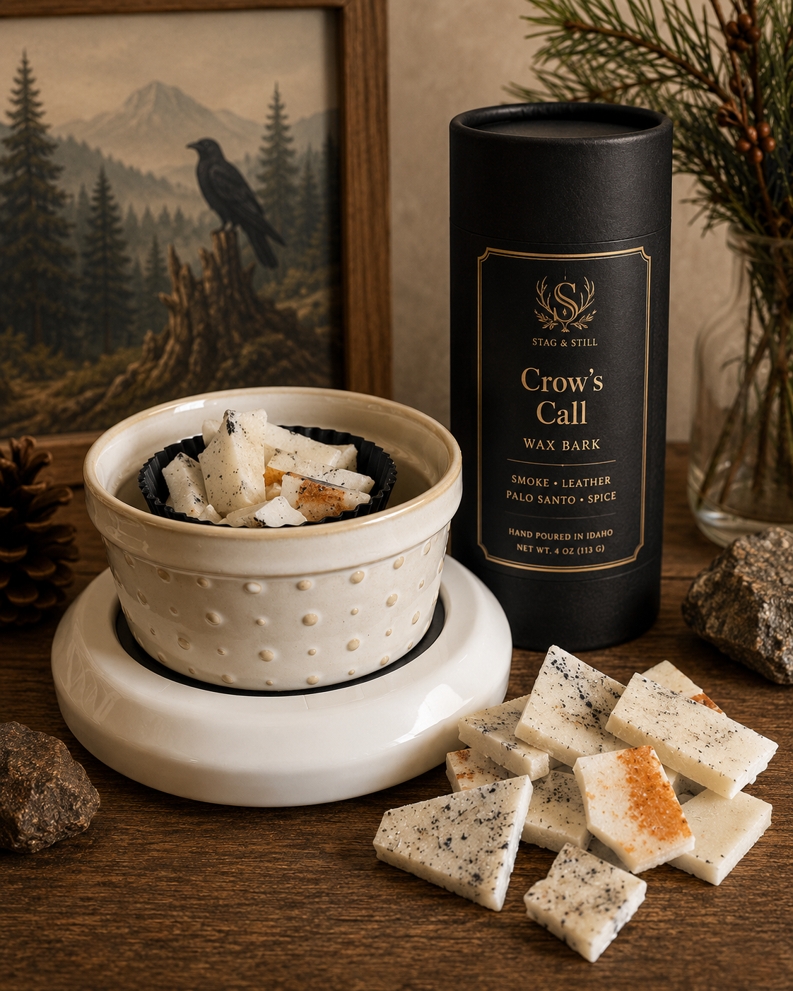 Crow’s Call Wax Bark | Woodsy Soy Wax Melts | Cedar, Amber & Smoke Home Fragrance | Wicks & Bricks by Stag & Stone