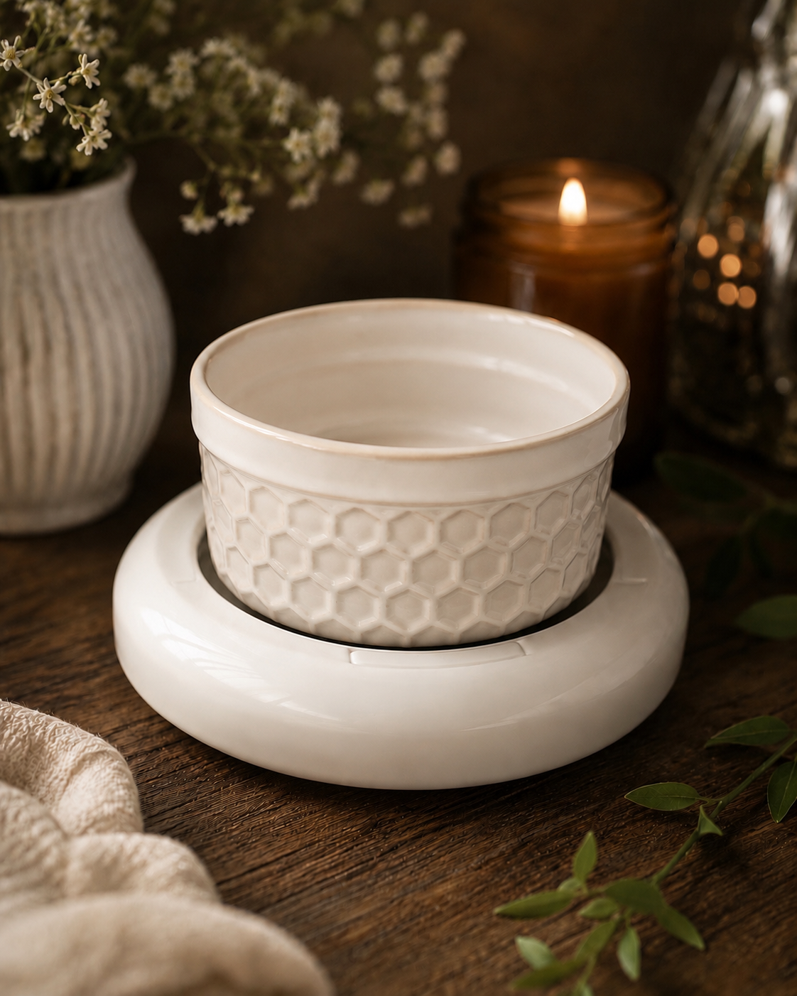 The Hearthstone Wax Bark Warmer | Electric Ceramic Wax Melt Warmer | Cozy Cottage & Apothecary Home Fragrance Decor