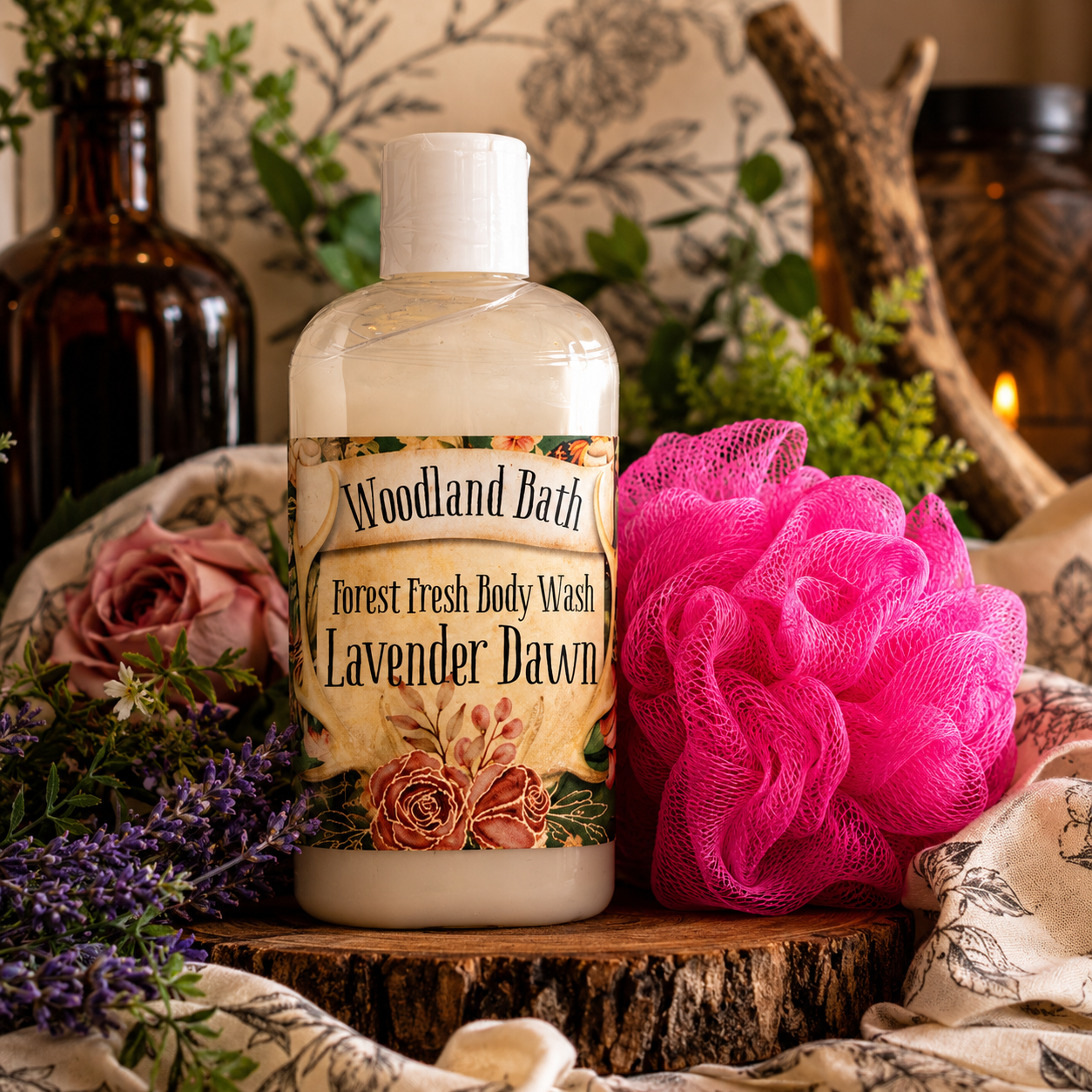 4 Oz Coconut-Free Natural Body Wash with Bath Pouf | Woodland Bath Forest Fresh Body Wash | Handcrafted in Idaho