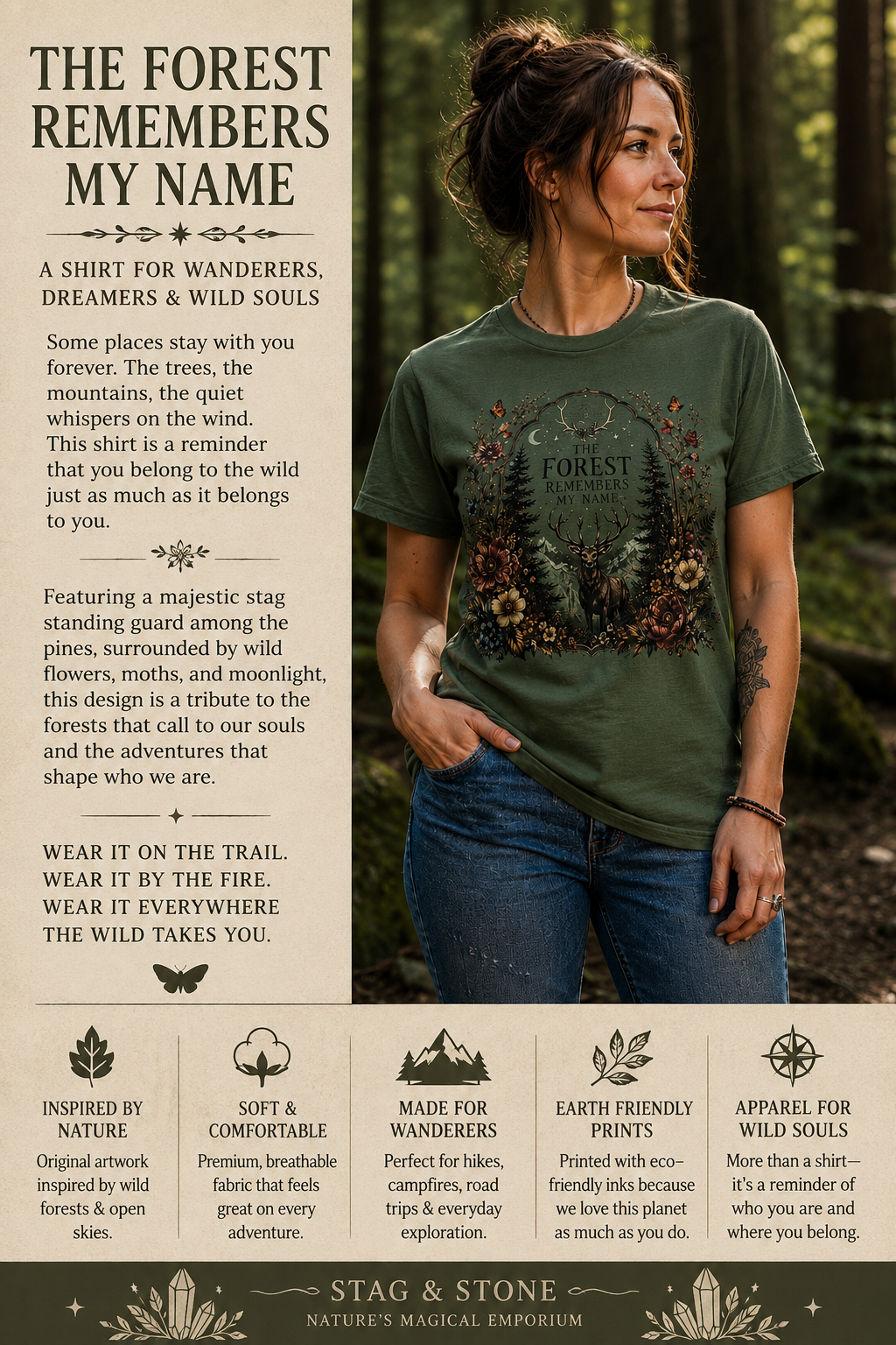 Forest Remembers My Name T-Shirt | Nature Lover Graphic Tee | Woodland Apparel | Stag & Stone