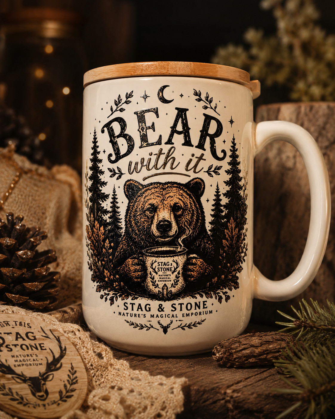 Bear With It Funny Bear Coffee Mug | Woodland Animal Mug with Bamboo Lid | Rustic Campfire Gift | Stag & Stone