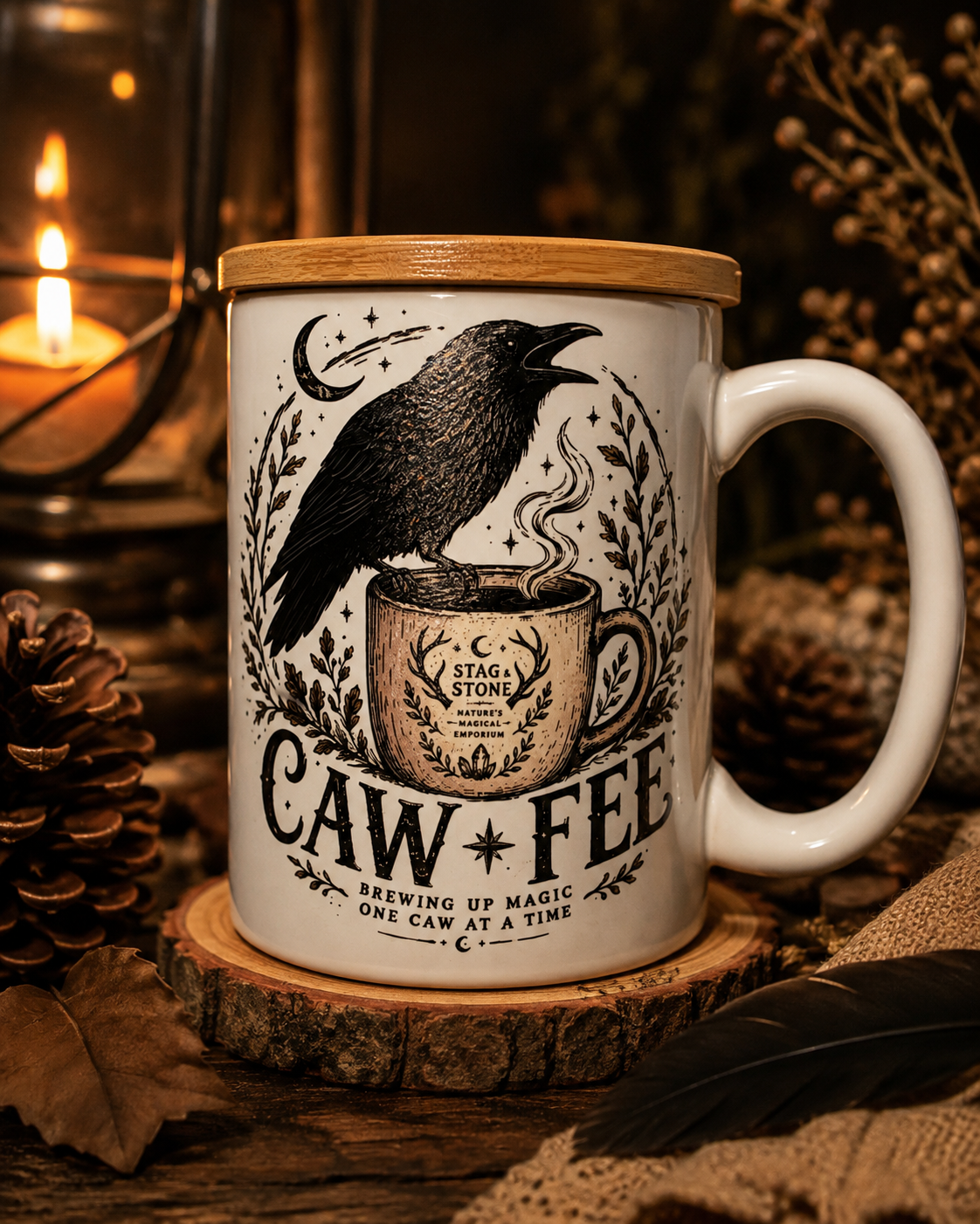 Caw Fee Raven Coffee Mug | Funny Crow Mug with Bamboo Lid | Gothic Cottagecore Gift | Stag & Stone