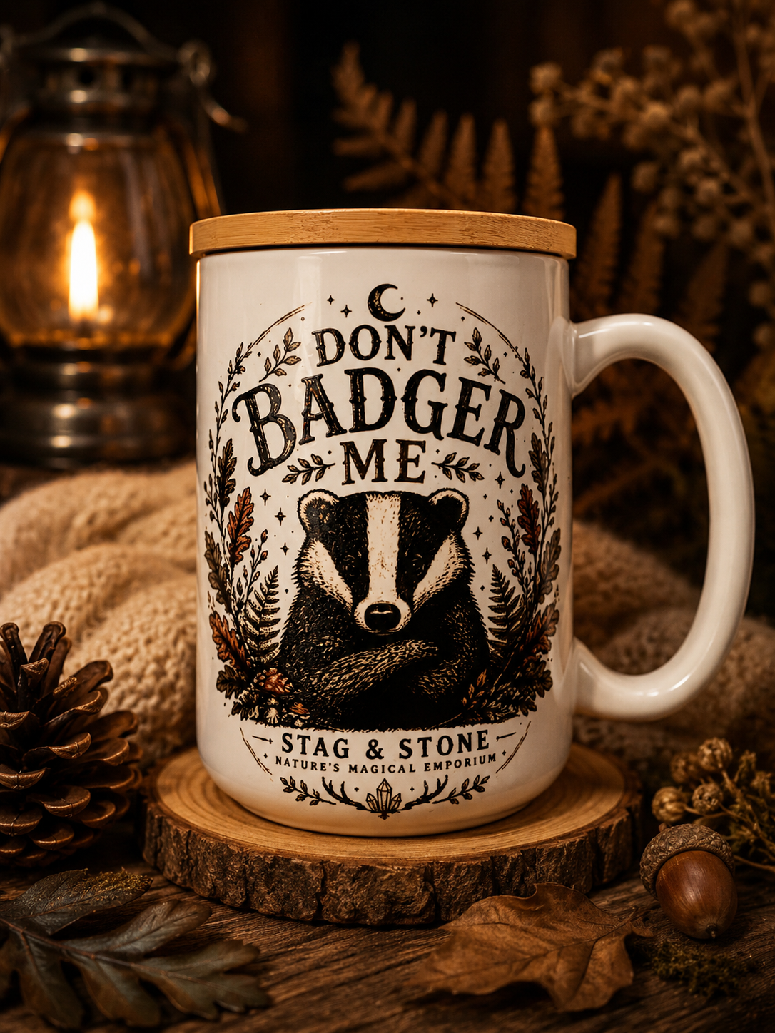 Don’t Badger Me Funny Badger Coffee Mug | Woodland Animal Mug with Bamboo Lid | Cottagecore Gift | Stag & Stone