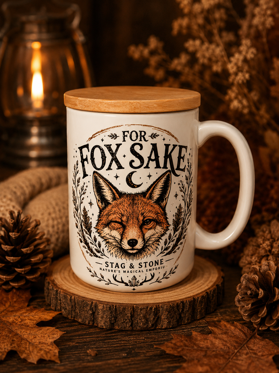 For Fox Sake Funny Fox Coffee Mug | Woodland Animal Mug with Bamboo Lid | Cottagecore Coffee Cup | Stag & Stone Gift